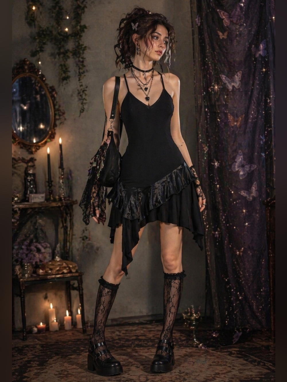 Y2K Gorgeous Black Mini Cami Jersey Whimsigoth Dress S